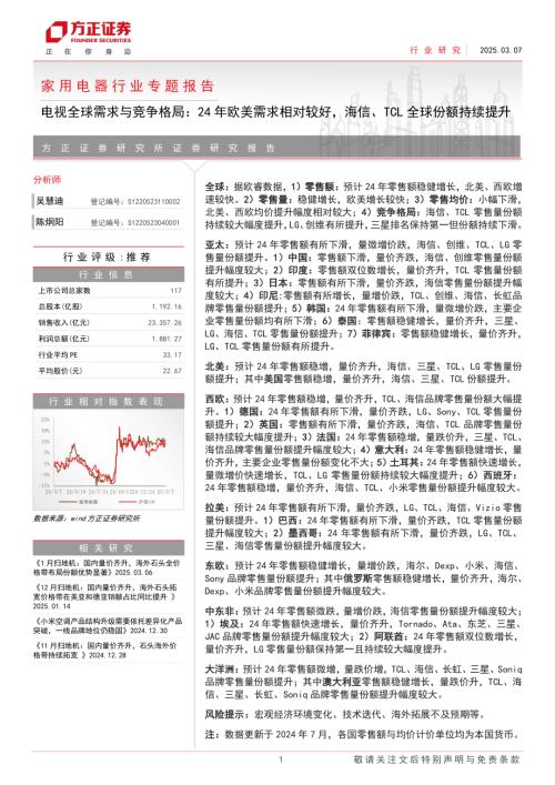家用电器行业专题报告：电视全球需求与竞争格局24年欧美需求相对较好海信、TCL全球份额持续提升-250307（49页）.pdf