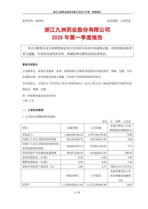 九洲药业：浙江九洲药业股份有限公司2025年第一季度报告.pdf