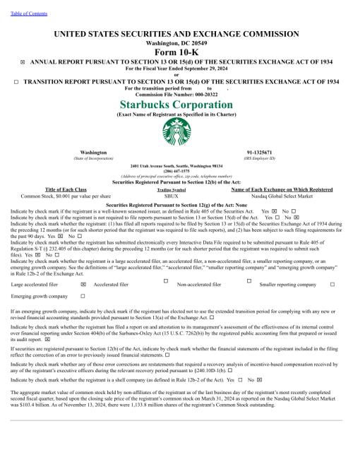 星巴克Starbucks Corp. （SBUX） 2024财年10-K年度报告「NASDAQ」（英文版）（148页）.pdf