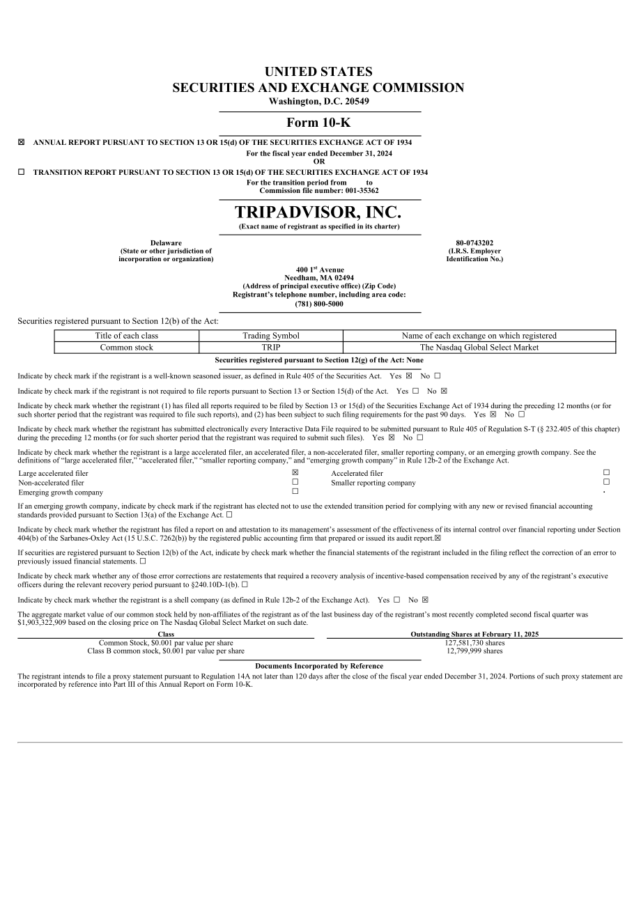 猫途鹰TripAdvisor Inc (TRIP) 2023年10-K年度报告「NASDAQ」（英文版）（145页）.pdf_第1页