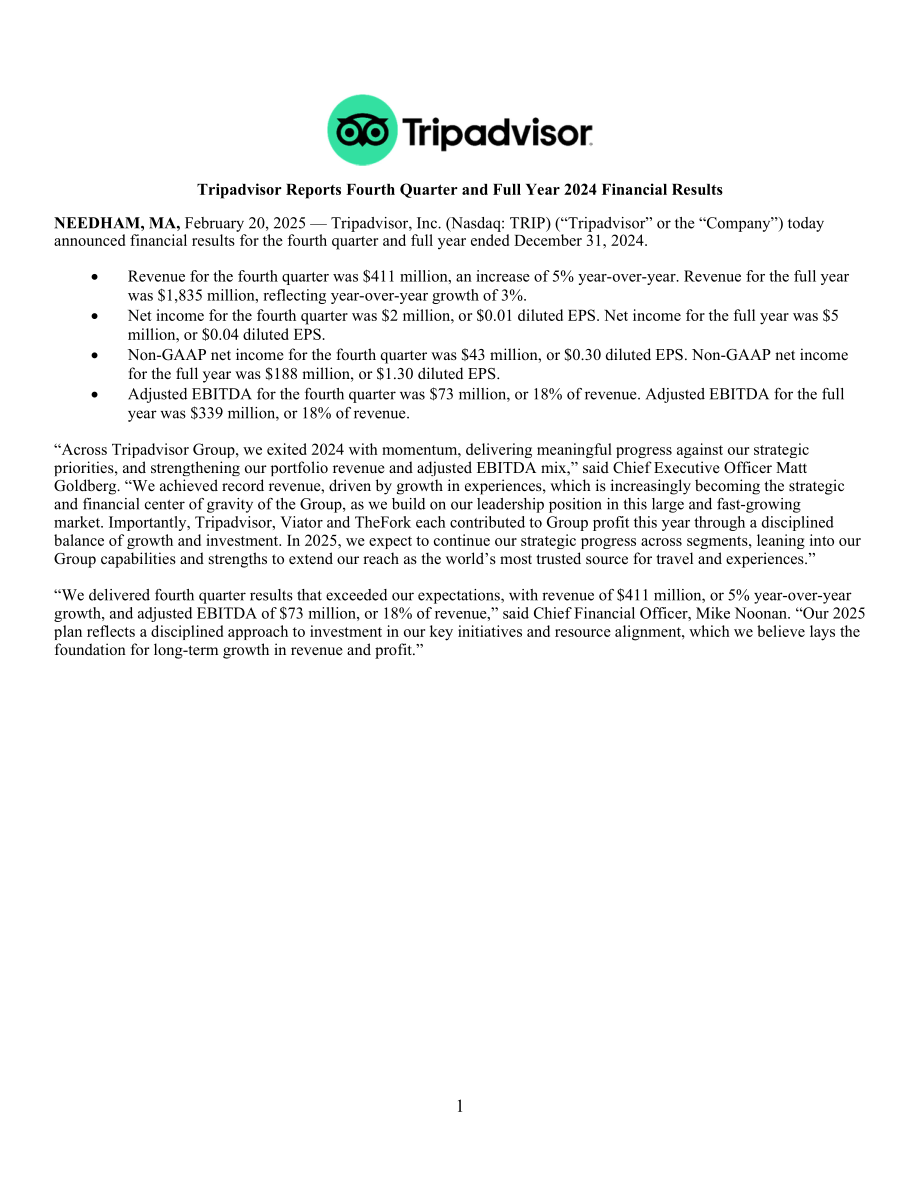猫途鹰TripAdvisor Inc (TRIP) 2024年第四季度及全年业绩报告「NASDAQ」（英文版）（16页）.pdf_第1页