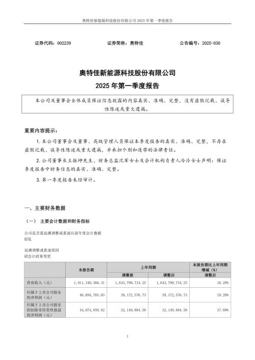 奥特佳：2025年一季度报告.PDF