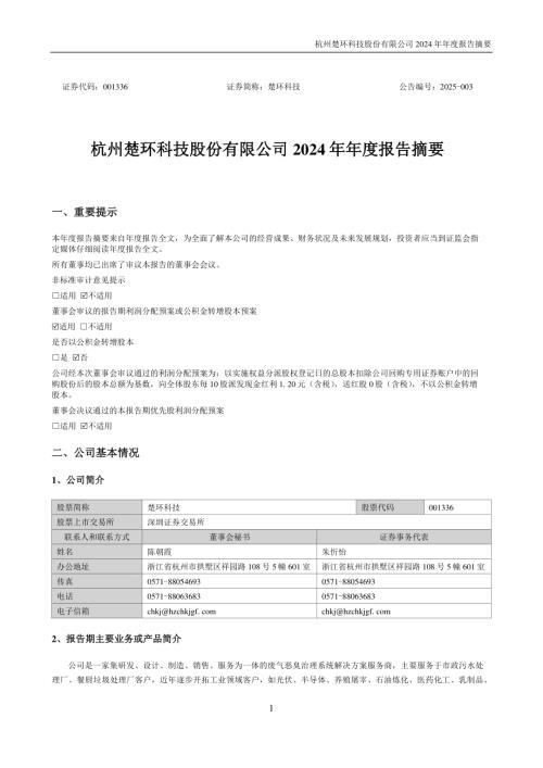 楚环科技：2024年年度报告摘要.PDF