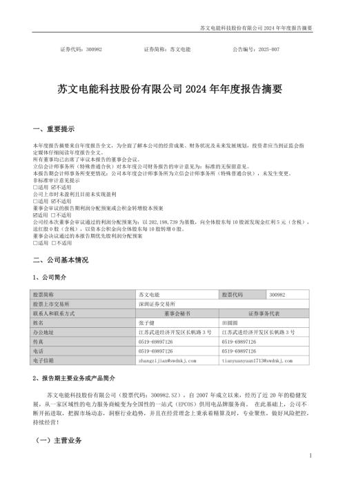 苏文电能：2024年年度报告摘要.PDF