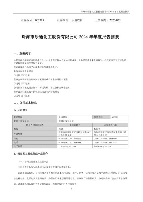 乐通股份：2024年年度报告摘要.PDF