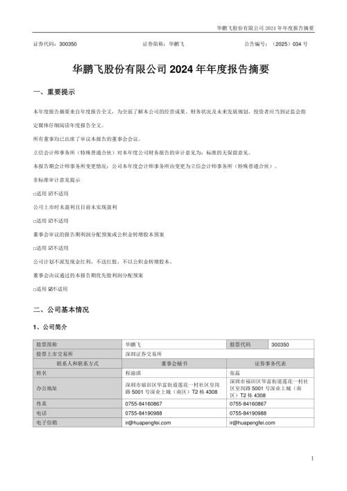 华鹏飞：2024年年度报告摘要.PDF