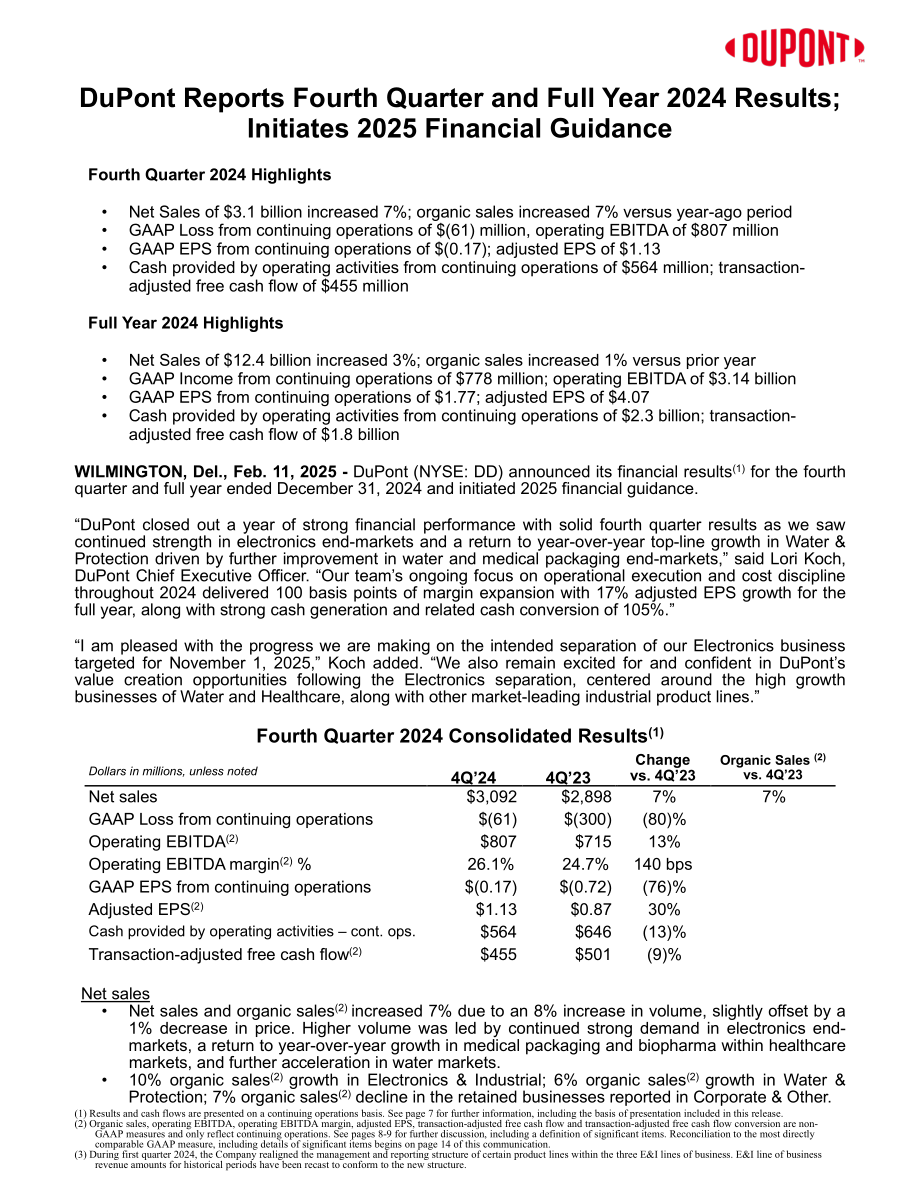 杜邦公司DuPont（DD）2024年第四季度及全年业绩报告「NYSE」（英文版）（16页）.pdf_第1页