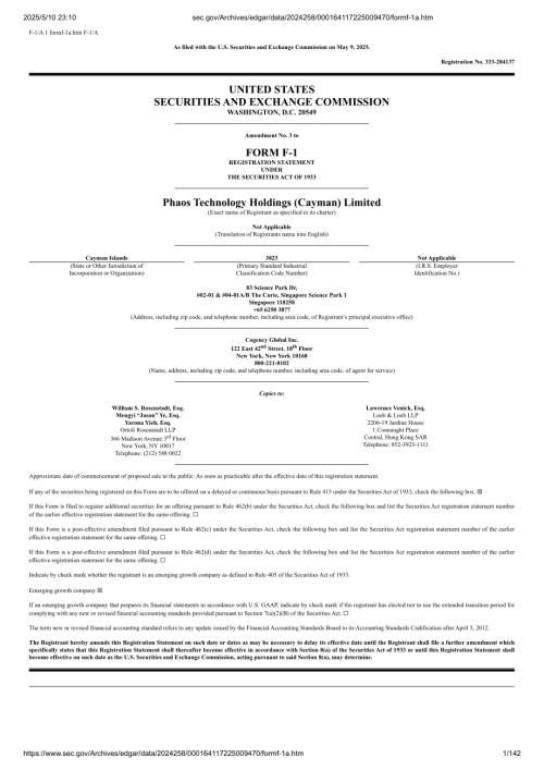 【新加坡高阶显微镜公司】Phaos Technology（POAS）美股招股说明书 F-1（2025-05-09版）（英文版）（142页）.pdf
