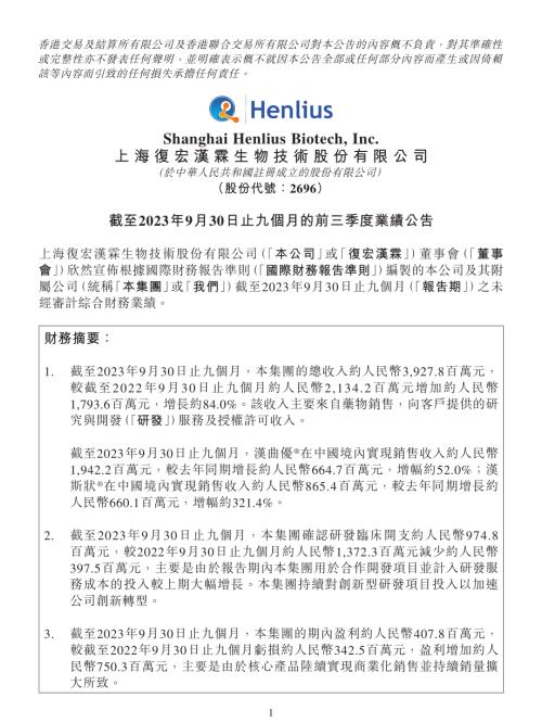 復宏漢霖：截至2023年9月30日止九個月的前三季度業績公告.pdf