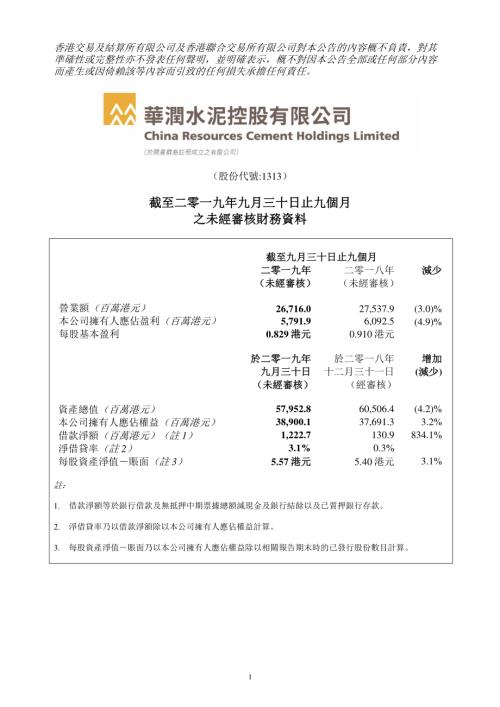 華潤水泥控股：截至二零一九年九月三十日止九個月之未經審核財務資料.pdf