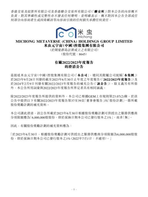 米虫元宇宙：有關20222023年度報告的澄清公告.pdf
