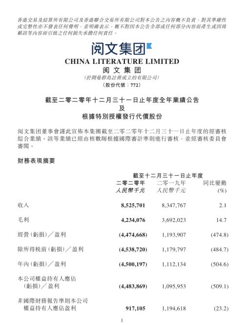 閱文集團：截至二零二零年十二月三十一日止年度全年業績公告及根據特定授權發行代價股份.pdf