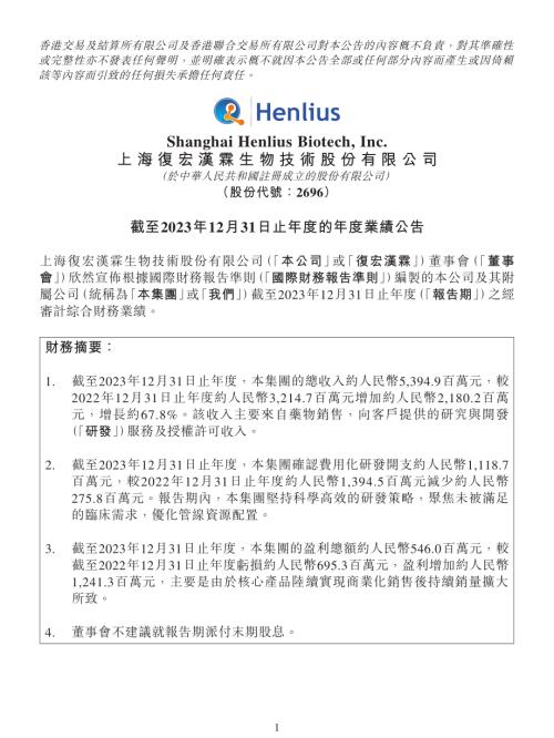 復宏漢霖：截至2023年12月31日止年度的年度業績公告.pdf
