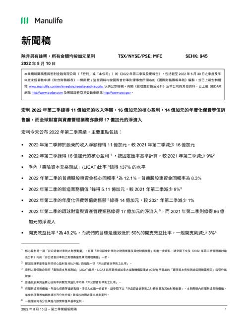 宏利金融－Ｓ：宏利2022年第二季錄得11億加元的收入淨額16億加元的核心盈利14億加元的年度化保費等值銷售額而全球財富與資產管理業務亦錄得17億加元的淨流入.pdf