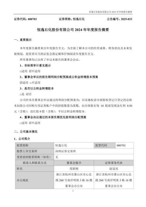 恒逸石化：2024年年度报告摘要.PDF