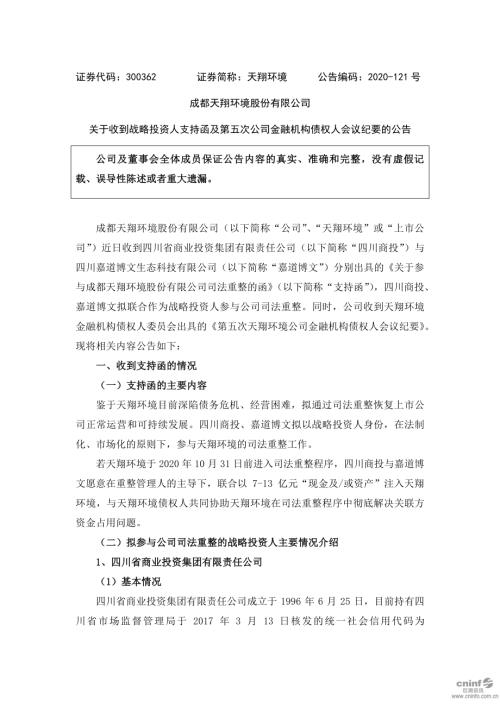 天翔环境：关于收到战略投资人支持函及第五次公司金融机构债权人会议纪要的公告.PDF