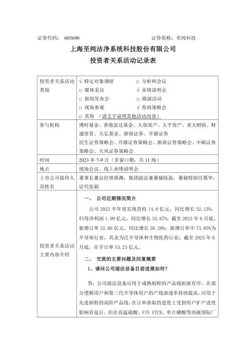 至纯科技：至纯科技投资者关系活动纪要.docx