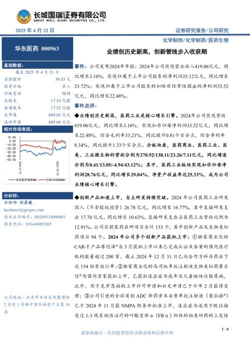 【长城国瑞证券】华东医药（000963）-业绩创历史新高，创新管线步入收获期-250422（6页）.pdf