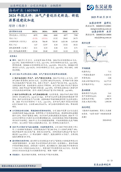 【东吴证券】海南矿业（601969）-2024年报点评：油气产量创历史新高，新能源赛道建设加速-250329（3页）.pdf