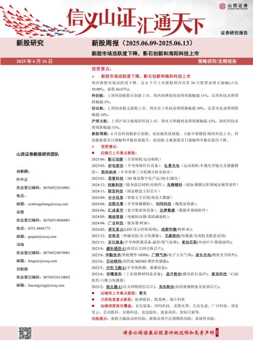 【山西证券】新股周报：新股市场活跃度下降，影石创新和海阳科技上市-250616（22页）.pdf