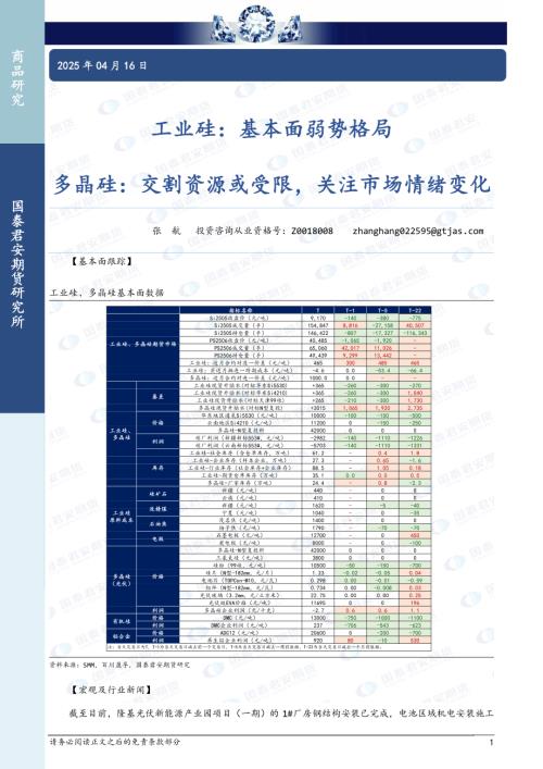 【国泰期货】工业硅：基本面弱势格局 多晶硅：交割资源或受限，关注市场情绪变化-250416（3页）.pdf