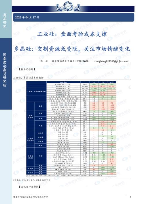 【国泰期货】工业硅：盘面考验成本支撑 多晶硅：交割资源或受限，关注市场情绪变化-250417（3页）.pdf