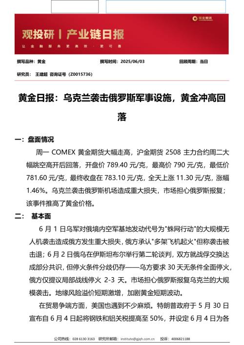 【国金期货】黄金日报：乌克兰袭击俄罗斯军事设施，黄金冲高回落-250603（3页）.pdf