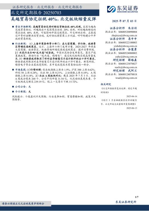 【东吴证券】北交所定期报告：美越贸易协定征税40%，北交板块缩量反弹-250703（7页）.pdf