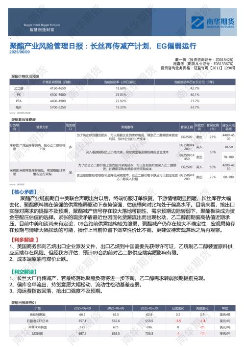 【南华期货】聚酯产业风险管理日报：长丝再传减产计划，EG偏弱运行-250609（3页）.pdf