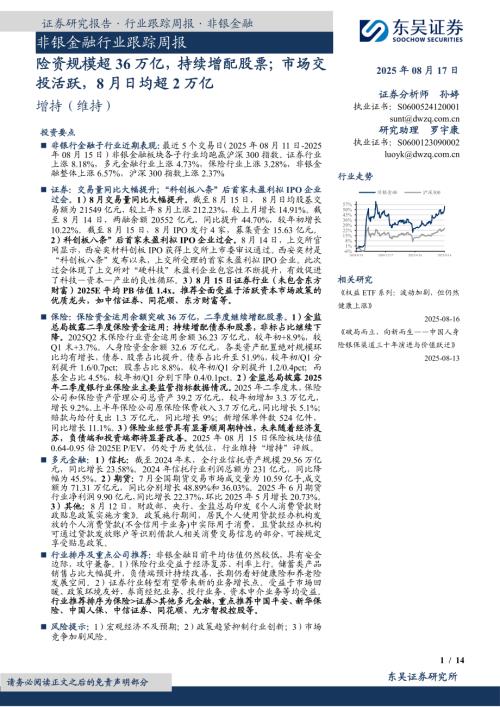【东吴证券】非银金融行业跟踪周报：险资规模超36万亿，持续增配股票；市场交投活跃，8月日均超2万亿-250817（14页）.pdf