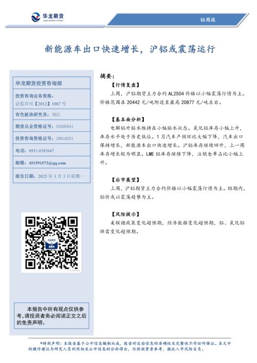 【华龙期货】铝周报：新能源车出口快速增长，沪铝或震荡运行-250303（10页）.pdf