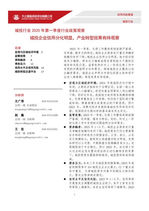 【大公国际】城投行业2025年第一季度行业政策观察：城投企业信用分化明显，产业转型效果有待观察-250505（20页）.pdf
