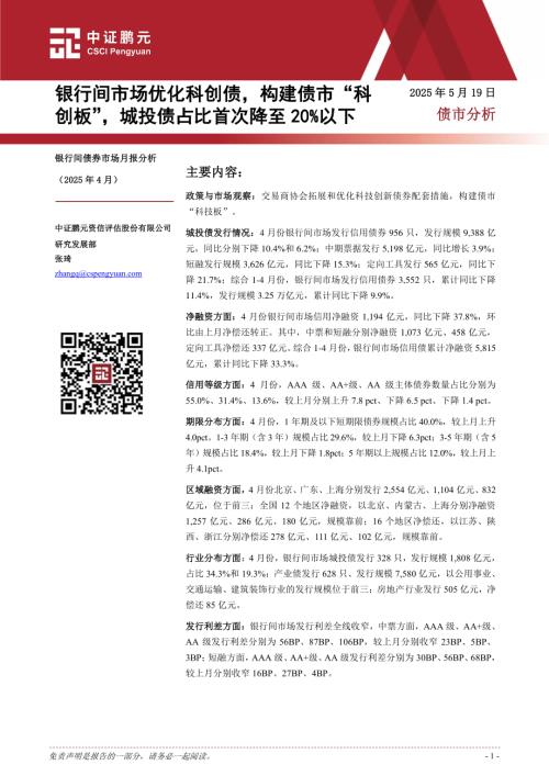 【中证鹏元】债市分析：银行间市场优化科创债，构建债市“科创板”，城投债占比首次降至20%以下-250519（11页）.pdf