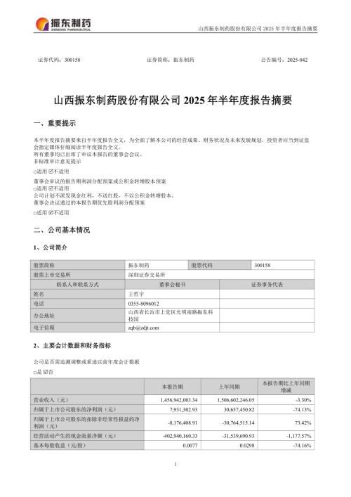 振东制药：2025年半年度报告摘要.PDF
