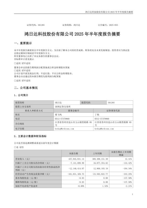 鸿日达：2025年半年度报告摘要.PDF
