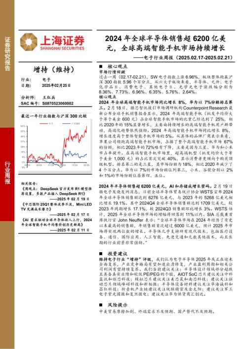 【上海证券】电子行业周报：2024年全球半导体销售超6200亿美元，全球高端智能手机市场持续增长-250225（2页）.pdf