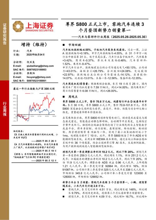 【上海证券】汽车与零部件行业周报：尊界S800正式上市，零跑汽车连续3个月登顶新势力销量第一-250604（3页）.pdf