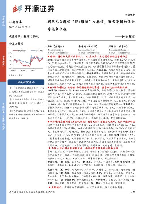 【开源证券】社会服务行业周报：潮玩龙头解锁“IP+服饰”大赛道，蜜雪集团加速全球化新征程-250302（25页）.pdf