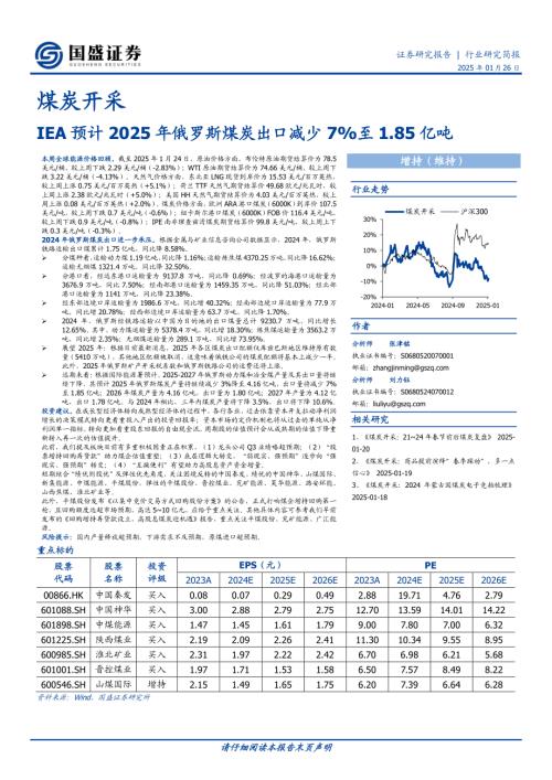 【国盛证券】煤炭开采行业研究简报：IEA预计2025年俄罗斯煤炭出口减少7%至1.85亿吨-250126（11页）.pdf