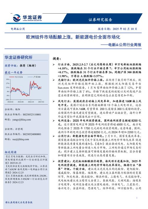 【华龙证券】电新&公用行业周报：欧洲组件市场酝酿上涨，新能源电价全面市场化-250210（14页）.pdf