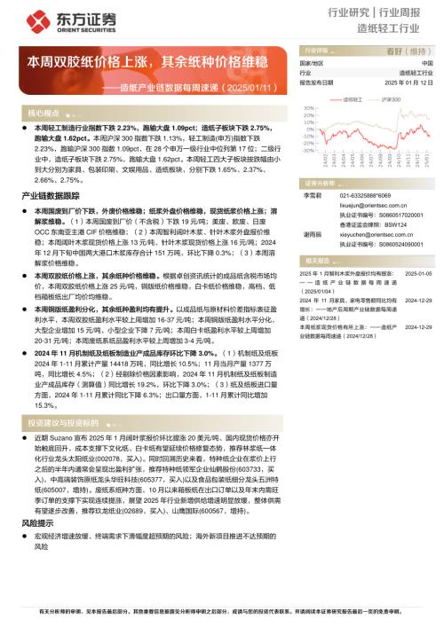 【东方证券】造纸轻工行业造纸产业链数据每周速递：本周双胶纸价格上涨，其余纸种价格维稳-250112（12页）.pdf
