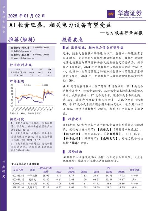 【华鑫证券】电力设备行业周报：AI投资旺盛，相关电力设备有望受益-250102（19页）.pdf
