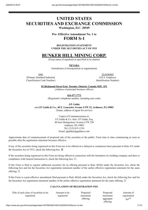 Bunker Hill Mining Corp（BHLL）美股招股说明书 S-1 （2022-01-04修订版）（英文版）（172页）.pdf