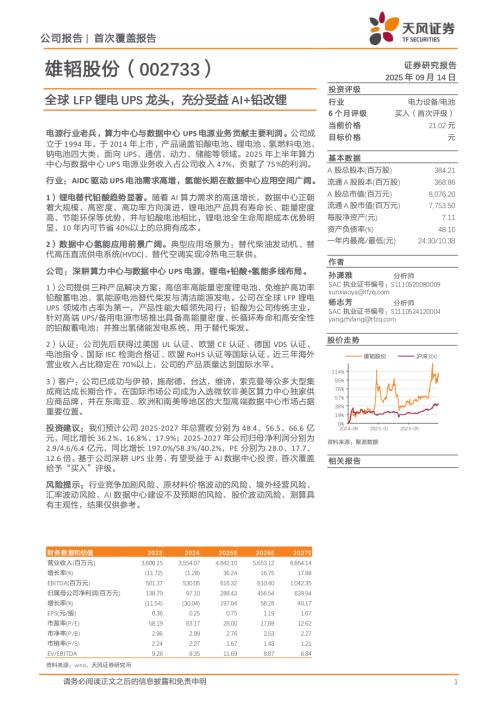 雄韬股份（002733）-A股公司研究报告：全球LFP锂电UPS龙头充分受益AI+铅改锂-250914（18页）.pdf