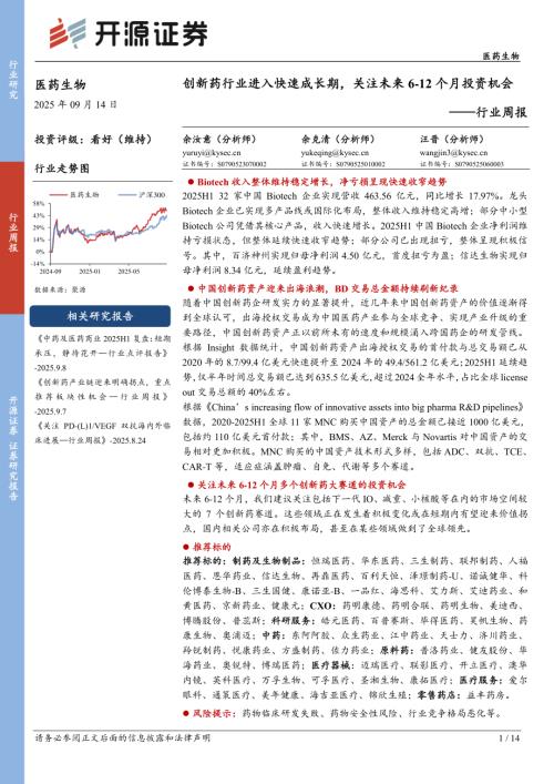 【开源证券】医药生物行业周报：创新药行业进入快速成长期，关注未来6-12个月投资机会-250914（14页）.pdf