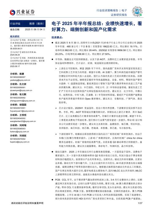 电子行业2025年半年报总结：业绩快速增长看好算力、端侧创新和国产化需求-250904（37页）.pdf