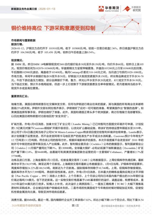 【华泰期货】新能源及有色金属日报：铜价维持高位 下游采购意愿受到抑制-260113（10页）.pdf