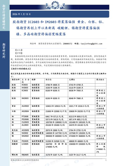 【国泰期货】股指期货IC2603和IM2603将震荡偏强 黄金、白银、铝、锡期货再创上市以来新高 碳酸锂、锡期货将震荡偏强 镍、多晶硅期货将偏弱宽幅震荡-260113（36页）.pdf