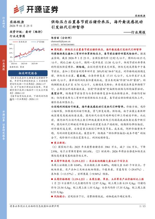 【开源证券】农林牧渔行业周报：供给压力后置春节前后猪价承压，海外禽流感扰动引发祖代引种暂停-260125（13页）.pdf