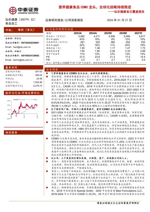 仙乐健康（300791）-A股公司首次覆盖报告：营养健康食品CDMO龙头全球化战略持续推进-260127（22页）.pdf